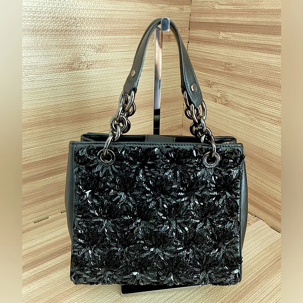 Michael Kors Floral Burst Satchel Crossbody Bag Black Leather Bag EUC